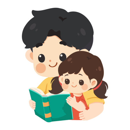 Illustration of Father and Daughter Reading Book familyのイラスト素材
