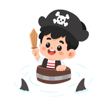 Cartoon of Pirate Child in Barrel Boat Kidのイラスト素材