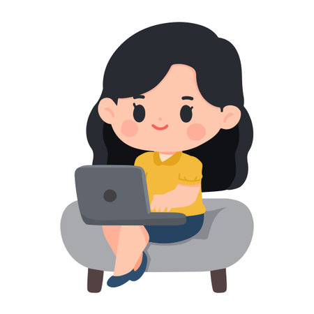 Illustration of Woman Working on Laptop While Sitting on Sofa cartoonのイラスト素材