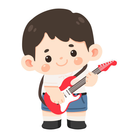 Cartoon Boy Playing Electric Guitar Illustration studentのイラスト素材