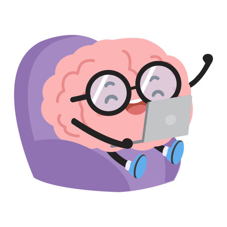 A cheerful and focused cartoon brain character is depicted actively using a laptop, engaged in various digital tasks.のイラスト素材