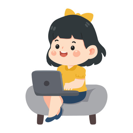 An illustration features a happy and relaxed girl comfortably using a laptop while lounging on a cozy couch.のイラスト素材