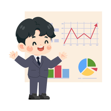 A confident cartoon businessman enthusiastically presents financial data using charts and graphs, conveying expertise and clear communication.のイラスト素材