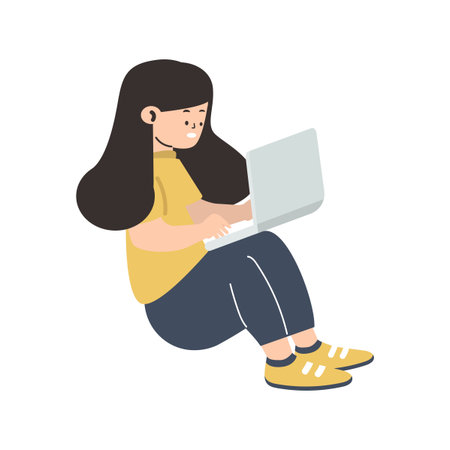A professional woman focused on her work, sitting comfortably with her laptop, representing remote work and productivityのイラスト素材