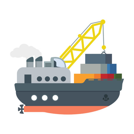 Cargo Ship With Crane Illustration flatのイラスト素材