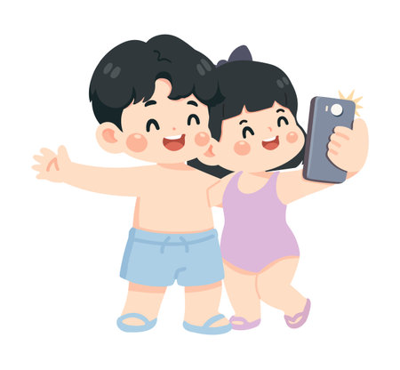 Cute cartoon children in colorful swimsuits taking a fun selfie together at the beach. Happy summer vacation concept with smiling faces, bright sky, and tropical vibe. Perfect for family, holiday, and outdoor fun themes.のイラスト素材