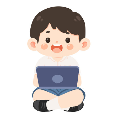 Vector illustration of a cartoon boy student using a laptop. Concept of online learning, education, technology, and modern study lifestyle. Perfect for school, e-learning, and digital education themes.のイラスト素材