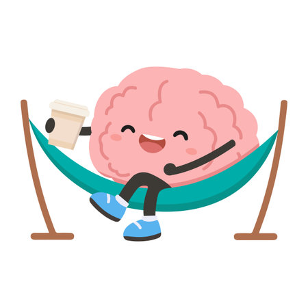Cute cartoon brain relaxing in a hammock with a cup of coffee. Concept of rest, balance, mindfulness, and creative relaxation.のイラスト素材
