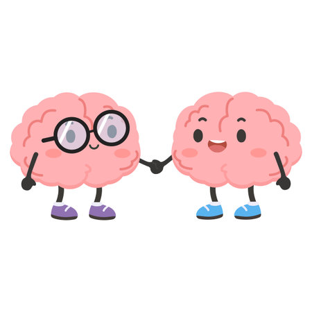 Cute cartoon brains holding hands, symbolizing teamwork, friendship, connection, collaboration, and shared intelligence in a creative concept.のイラスト素材