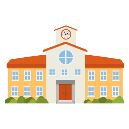 Vector illustration of a school building with a clocktower, symbolizing education, learning, architecture, and academic environment concepts.のイラスト素材