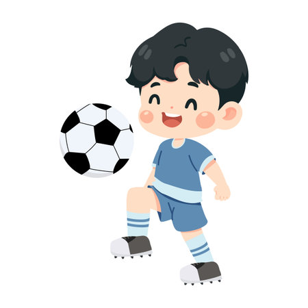 Illustration of a boy playing soccer with ball, showing active movement, fun, and energy, perfect for sports, kids, and activity themes.のイラスト素材