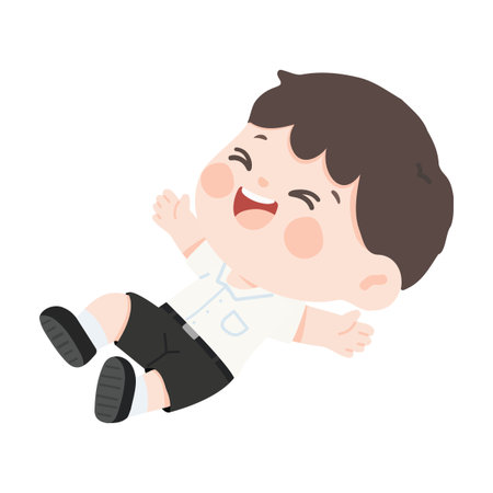 Illustration of a happy boy lying down and relaxing, expressing comfort, joy, and imagination, on a clean white background.のイラスト素材