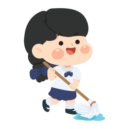 Illustration of a girl mopping the floor with a cheerful smile, wearing casual clothes and holding a mop beside a blue bucket on a white background.のイラスト素材