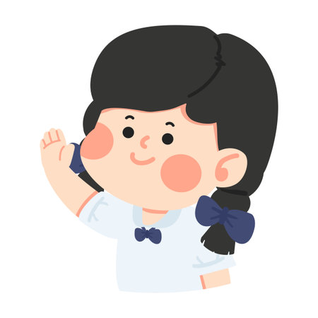 Illustration of a smiling girl student in school uniform waving her hand, expressing friendliness, happiness, and a cheerful school spirit on a white background.のイラスト素材