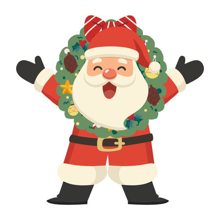 Santa Claus holding a festive Christmas wreath with a warm holiday mood, presenting a cheerful seasonal atmosphere perfect for winter celebrations.のイラスト素材