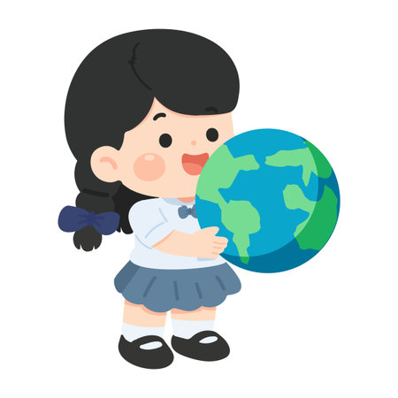 A cheerful girl holding a globe with a bright smile, symbolizing learning, world exploration, and global awareness, perfect for education and school materials.のイラスト素材