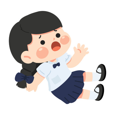 A cartoon girl slipping and falling with a surprised expression, arms flailing as she loses balance, perfect for kid scenes, safety themes, and playful illustrations.のイラスト素材
