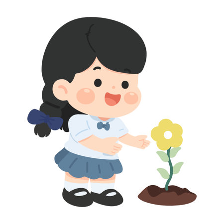 A smiling girl student kneeling beside a small flower growing in soil, showing care and curiosity for nature, perfect for school, eco learning, and kid-themed designs.のイラスト素材