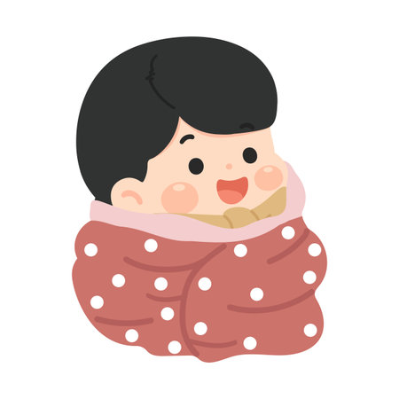 A small girl student swaddled in a soft blanket, resting peacefully with a calm and gentle expression, suitable for child care, education, and kid-themed designs.のイラスト素材