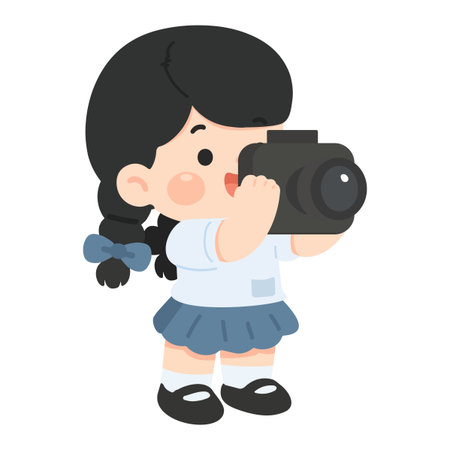 Cute cartoon girl holding a camera and taking a photo with a cheerful pose, bright expression, simple clean background, playful and friendly style.のイラスト素材