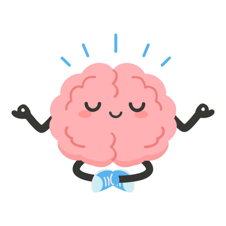 Cute cartoon brain sitting in a calm meditation pose with closed eyes, peaceful mood, soft colors, simple clean background, relaxing and positive energy.のイラスト素材