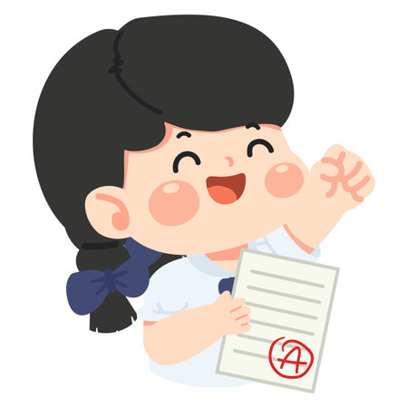 Cheerful student holding a good grade paper with excitement, bright colorful cartoon vector perfect for education, achievement, motivation, school life, and kids content.のイラスト素材