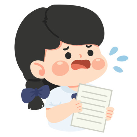 Stressed schoolgirl feeling anxious about homework, expressive cartoon vector style perfect for education, mental health themes, school pressure, and study challenges.のイラスト素材