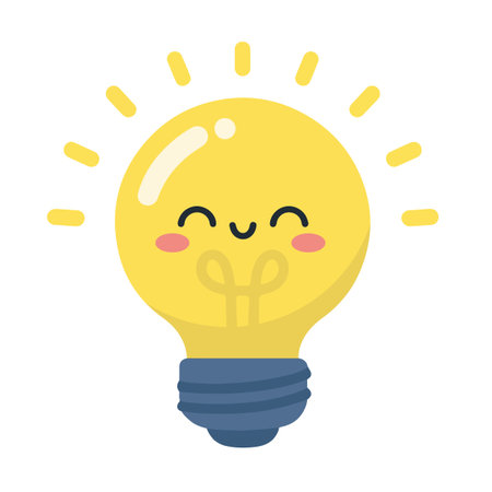 A bright light bulb character with a cute smiling face, symbolizing ideas, creativity, imagination, and positive thinking. Great for education, innovation, and branding.のイラスト素材
