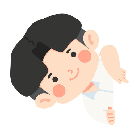 little kid hiding near corner with playful smile and bright eyes cartoon style for creative designのイラスト素材