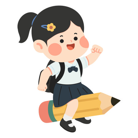 happy child sitting on long writing tool with energetic mood and creative charm for kids artのイラスト素材