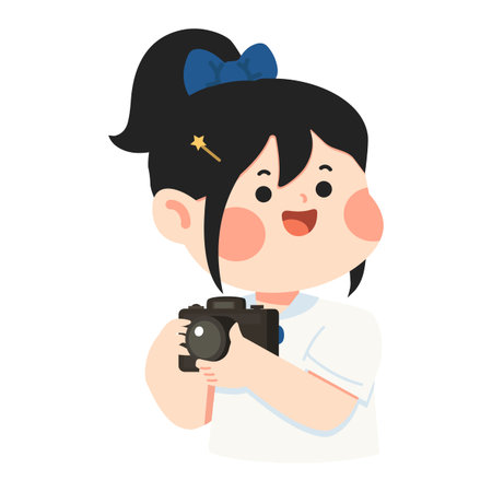 Girl holding camera, representing photography hobby, creativity, capturing moments, travel lifestyle, and visual storytelling concept.のイラスト素材