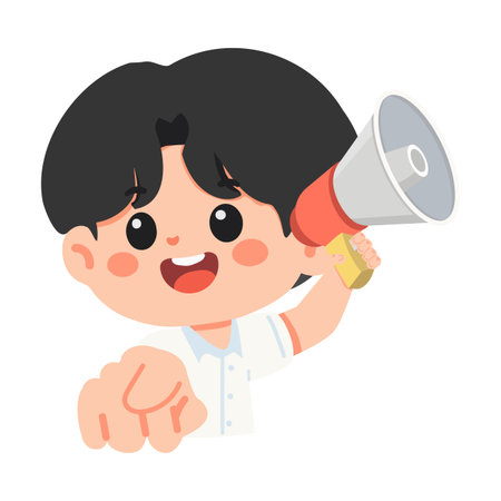 Kid student holding a megaphone and pointing forward, representing communication, leadership, announcement, and confidence in school and public speaking.のイラスト素材
