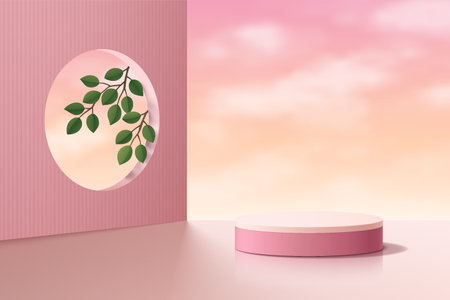 Realistic pink 3D cylinder pedestal podium, cloud vanilla sky and green leaf in circle window. Abstract studio room geometric platform. Minimal scene for products stage showcase,のイラスト素材