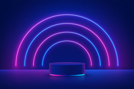 Realistic dark blue cylinder pedestal podium, illuminate semi circles neon lamp in futuristic style. Minimal scene for products showcase, Stage promotion display.のイラスト素材