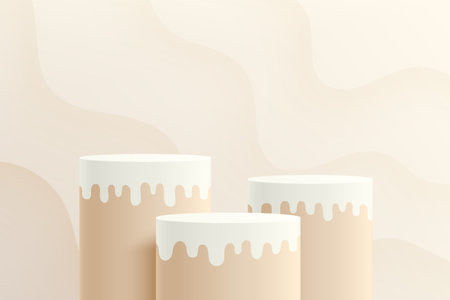 Realistic beige and white 3D cylinder stand or podium set with wavy layers abstract scene. Pastel minimal scene for products showcase, promotion display. Stage for showcase.のイラスト素材