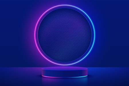 Realistic blue cylinder pedestal podium with illuminate glitter and circle neon light line in futuristic style. Minimal scene for products showcase, Stage promotion display.のイラスト素材