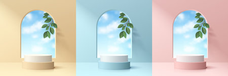 Set of pink, yellow, blue room with realistic 3d cylinder podium and blue sky, green leaf in arch...