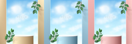 Set of pink, yellow, blue, white realistic 3d cylinder podium with blue sky background and green leaf. Vector geometric forms. Abstract minimal scene for mockup products display.のイラスト素材