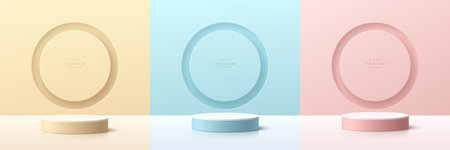 Set of pink, yellow, blue, white realistic 3d cylinder podium circle hole scene background. Abstract minimal scene for mockup products display.  Light and shadow in room.のイラスト素材