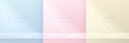 Set of blue, pink, yellow beige background window lighting shadow overlay. Abstract minimal scene for products display, copy space. Desk, table, light and shadow on the wall.のイラスト素材