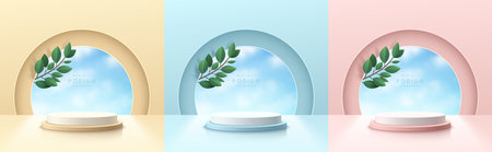 Set of pink, yellow, blue room with realistic 3d cylinder podium and blue sky, green leaf in window scene. Abstract minimal scene for mockup products display, Stage showcase.のイラスト素材