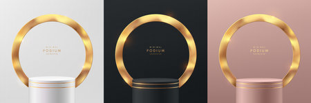 Set of 3D abstract room, stand podium. Black, gold, silver and pink gold geometric forms with shinny golden circle ring. Luxury scene for mockup products display. Stage Showcase.のイラスト素材