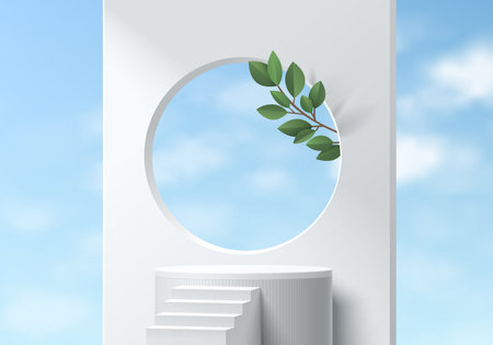 Realistic 3D white cylinder stand podium with stair, blue sky and green leaf background. Vector abstract room with geometric forms design. Minimal wall scene for products display.のイラスト素材