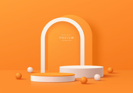 Realistic 3D orange, white cylinder pedestal podium with arch shape background and sphere balls. Abstract geometric minimal scene for mockup products display.のイラスト素材