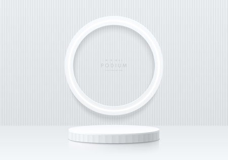 Realistic white 3D cylinder pedestal podium, vertical pattern background and round circle neon. Vector abstract geometric forms. Silver minimal scene mockup products display.のイラスト素材
