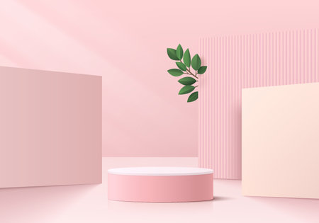Realistic 3D pink, white cylinder pedestal podium with square shape scene background and green leaf. Vector abstract room, Geometric form. Minimal scene for products display.のイラスト素材