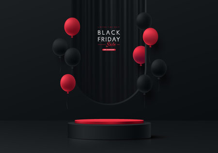 Realistic 3D black, red cylinder pedestal podium with dark curtain in arch window and balloon. Black friday sale concept, Vector abstract minimal scene for products display.のイラスト素材