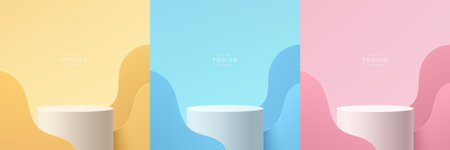 Set of 3d pink, yellow, blue and white realistic cylinder stand podium with wavy shape layers background. Vector geometric forms. Abstract minimal wall scene product display.のイラスト素材