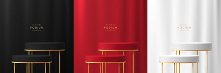 Set of 3D luxury round stand podium, golden easel legs and soft curtain background. Black, red, white luxury geometric forms. Abstract minimal mockup products display.のイラスト素材
