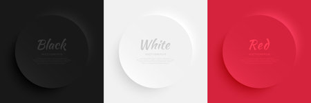 Set of black, white, red 3D round circles frames with soft light and shadow. Minimal Pedestal podium in top view with text copy space. Badge emboss texture collection design.のイラスト素材